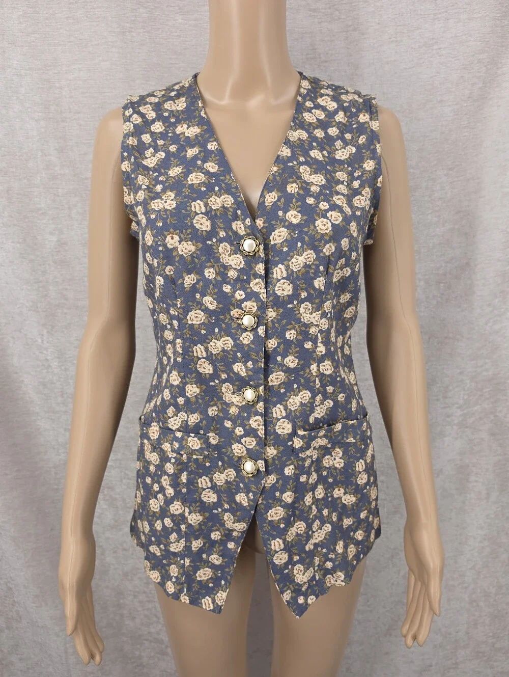 VintageโBlue Floral Button Front Vest Western Cowgirl 90s Cottagecore